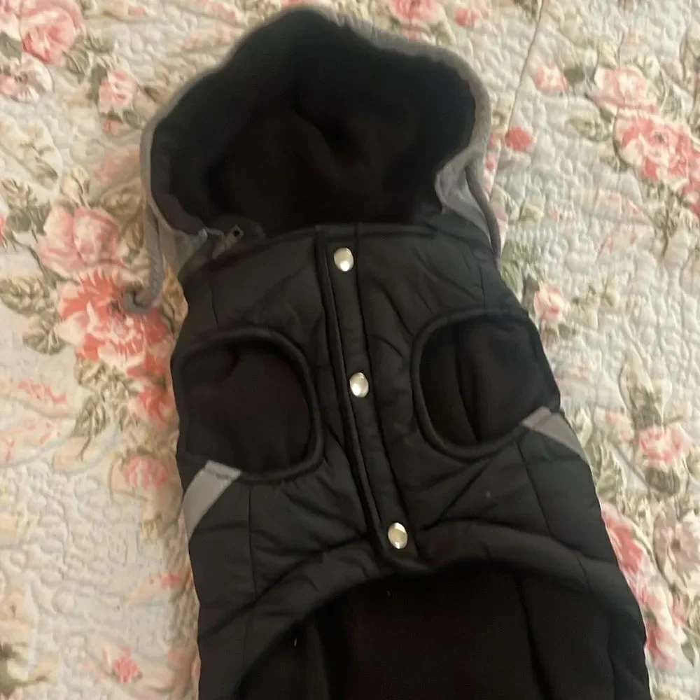 Black and Gray Hooded Dog Jacket with Fleur-de-lis